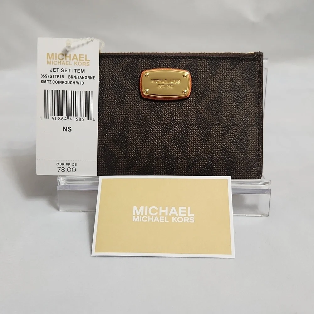 Michael Kors Jet Set Small Brown Tangerine Coinpouch w ID Holder Wallet